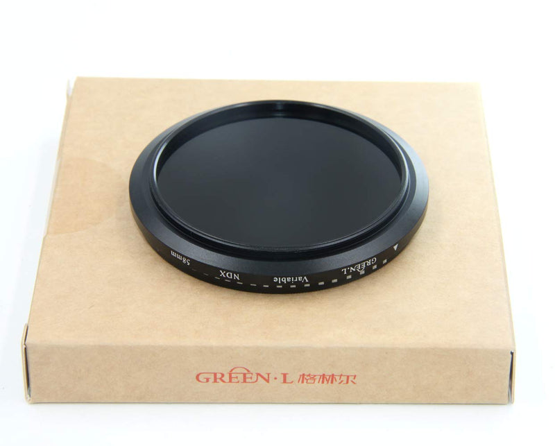 58mm Variable ND Filter,GREEN.L ND2 to ND400 Fader Neutral Density Filter for Camera Lens， Optical Glass with Filter Pouch 58mm