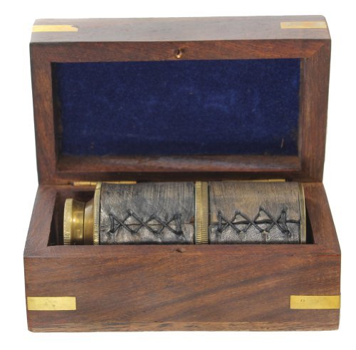 5" Hand Held Brass Telescope with Wooden Box & 3x Magnification: Nautical Ship