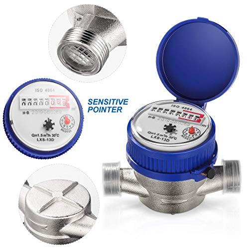 15mm 1/2 inch Cold Water Meter with Fittings for Garden & Home Usage Metering Applications Gardening Accessories