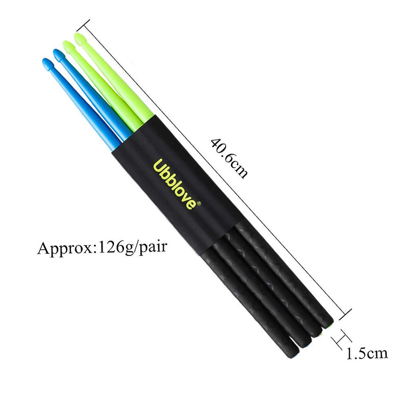 Ubblove Nylon Drumsticks 5A 2 pair with ANTI-SLIP Handles for Drum Light Durable Plastic Exercise 2 Pair Drum Sticks for Kids Adults Musical Instrument Percussion Accessories (Blue and Green) Blue and Green