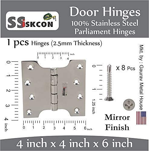 ssiskcon Parliament Door Hinge Wide Throw Expandable Swing Clear Reversible Nrp Mirror Polished 32 Stainless Steel 4 inch Length x 4" Center Width x 6" Width with 8 Self Drilling Screws (Pack of 1) 4"height x 4"center x 6"edje to edje width Pack 1