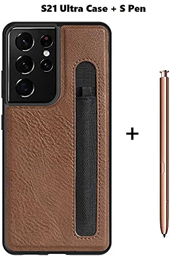 Galaxy S21 Ultra Case + Stylus Pen for Samsung Galaxy S21 Ultra 5G, Stylish Slim & Thin Soft PU Leather Comfortable Secure Grip Non-Slip Protective Shock-Absorbing with S Pen Slot Case (Brown) Brown