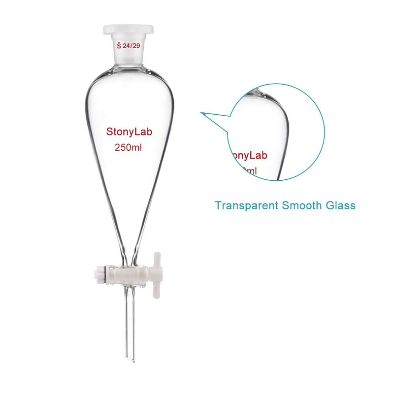 StonyLab Borosilicate Glass 250ml Heavy Wall Conical Separatory Funnel with 24/29 Joints and PTFE Stopcock - 250ml 250 mL