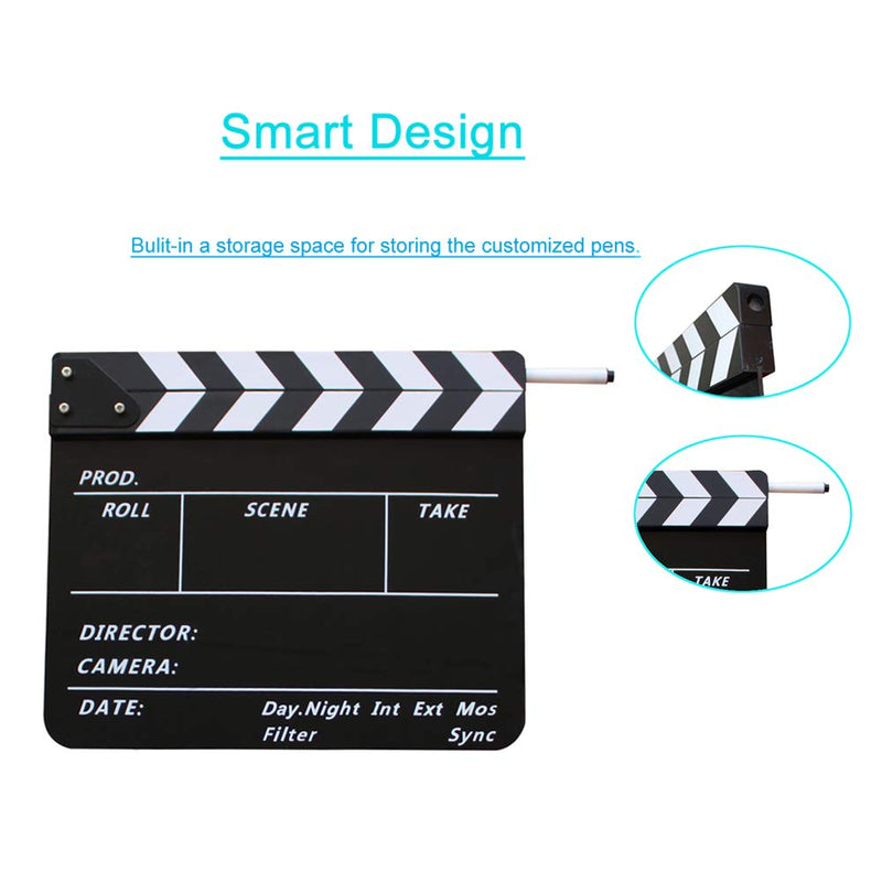 Coolbuy112 Movie Directors Clapboard, Photography Studio Video TV Acrylic Clapper Board Dry Erase Film Slate Cut Action Scene Clapper with a Magnetic Blackboard Eraser and Two Custom Pens, Black