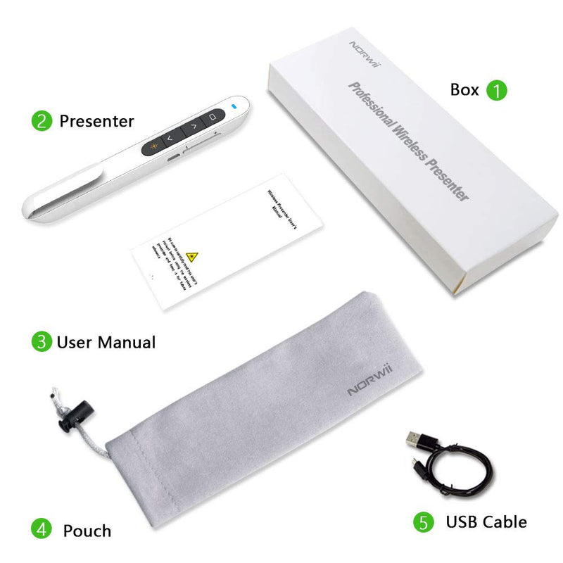 NORWII N76 Green Presentation Clicker Rechargeable Wireless Presenter Remote with Green Light, 330FT Presentation Pointer Slide Advancer Support Hyperlink/Volume/Key-Customized White-N76 Green Light