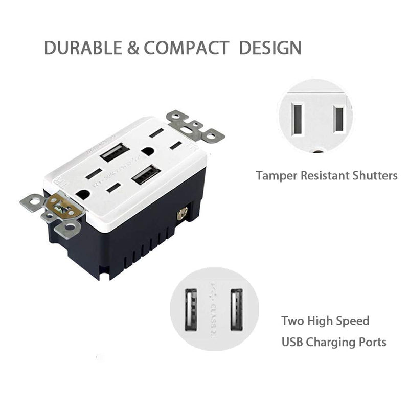 Outlet with USB High Speed Charger 4.2A Charging Capability,Duplex Receptacle 15 A, Tamper Resistant Wall socket USB Outlet,Child Proof Safety,Screwless Wall Plate,White (2 Pack) 2pack