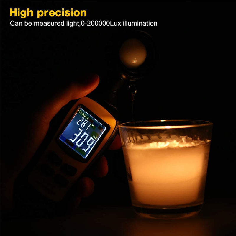 [AUSTRALIA] - Light Meter Digital Illuminance Meter Handheld Ambient Temperature Measurer, Range up to 200,000 Lux, Luxmeter with 4 Digit Color LCD Screen 