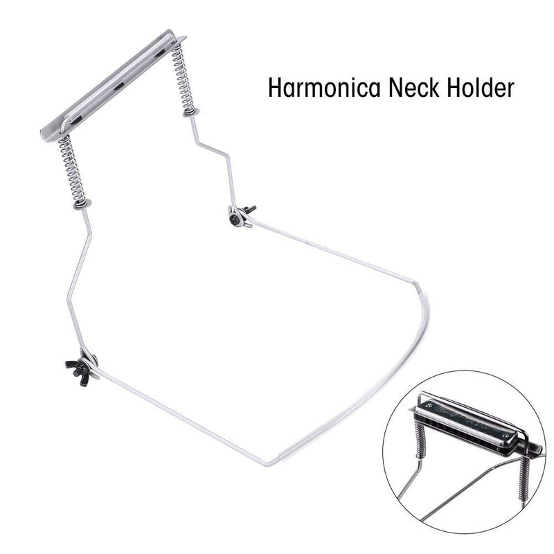 10 Holes Harmonica Neck Holder, Metal Harmonica Hands-free Stand Holder with Adjustable Mount - Silver