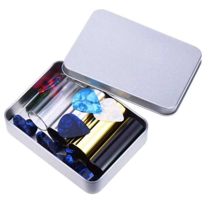 4 Pieces Medium Guitar Slides with Metal Box, 10 Pieces Guitar Picks and 8 Pieces Plastic Thumb & Finger Picks