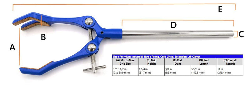 3 Finger, Cork Lined Extension Clamp on Stainless Steel Rod - 3.4" Max Clamp Opening, 5.5" Connecting Rod - Zinc Alloy Clamp - Research, Industrial Laboratory Grade - Eisco Labs