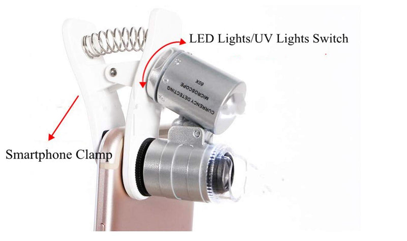 [AUSTRALIA] - 60X Magnifying Glass for Phone Clip-On Microscope Magnifier LED Light Micro Universal Lens with Clamp Jeweler Loupe Portable Pocket Size Magnifier for Mobile Phone Smartphone Camera 