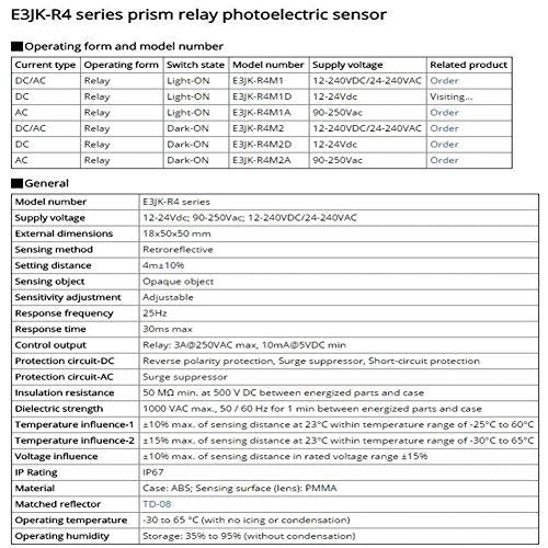Taiss Photoelectric Beam Sensor E3JK-R4M1 Indoor Wall Mounted 12-240VDC 24-240VAC Retroreflective photoelectric Sensor Switch Proximity Switch 2M Cable Induction 3M