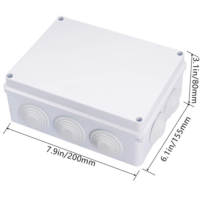 Zulkit Junction Box ABS Plastic Dustproof Waterproof IP65 Universal Electrical Boxes Project Enclosure White 7.9 x 6.1 x 3.1 inch (200 x155 x 80mm) 7.9"x 6.1" x 3.1" With Holes