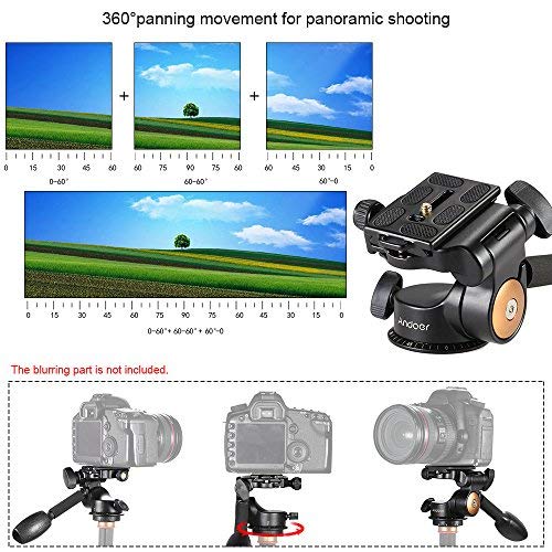 Andoer Camera Tripod Handle Ball Head 3-Way Fluid Head with Quick Release Plate 360 Degree Rotation for Canon Nikon Sony DSLR Camera Max. Load 6Kg