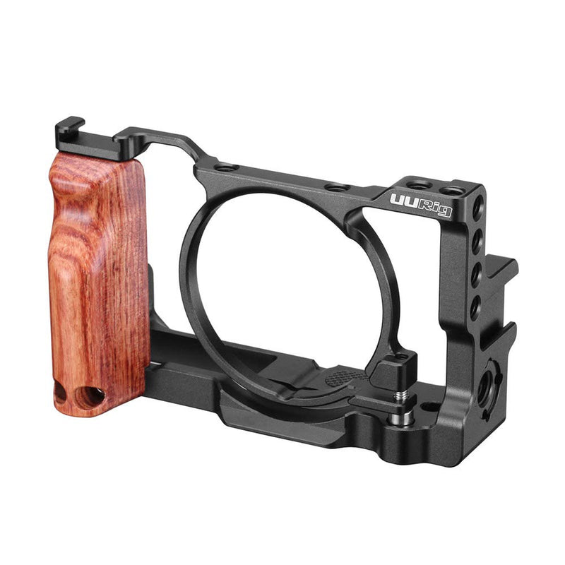 Andoer C-RX100 VII Camera Cage Aluminum Alloy with Wood Handle Cold Shoe for Video Vlog Accessory Mounting Compatible with Sony DSC-RX100 VII M7 / DSC-RX100 VI M6