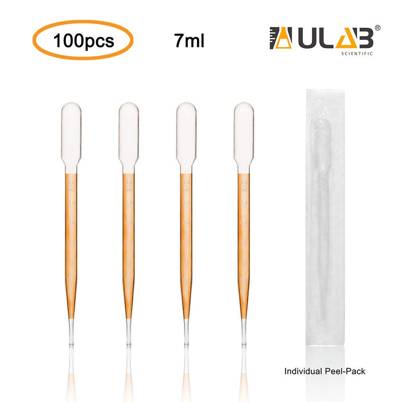 ULAB Sterile Transfer Pipettes, Essential Oils Pipettes Vol. 7ml, 3ml Graduated, 0.5ml Graduation Interval, 155mm Long, Low-Density Polyethylene Material, Individual Peel-Pack, Pack of 100, UTP1014 Vol.7ml, 100pcs, Individual Peel-Pack