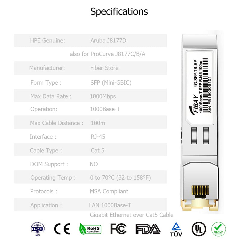 1.25G SFP-T for HPE Aruba J8177D J8177DCM JL747A Procurve J8177C J8177B J8177A 1000Base-T SFP to RJ45 Copper 100m Cat5e Mini-GBIC Transceiver Module Pack of 4 1000BASE-T: 100m (4Pack) for Aruba/ProCurve