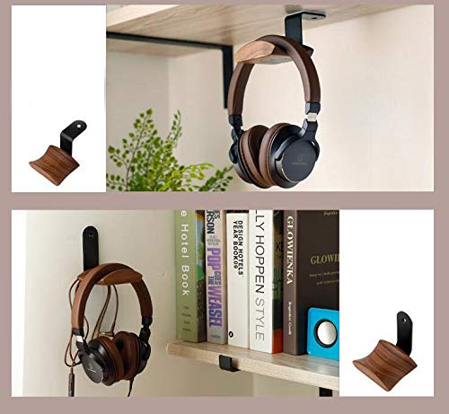 Wall Mount Headphone Hanger Headset Stand Hook Walnut Wood Headphone Holder Rack Hook Desk Tabletop Wall Mount Tape Under-Desk Headphone Hanger Holder for Audio,Studio & Gaming Headphones L shape