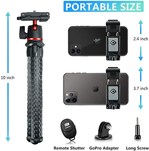 Phone Tripod, Mini Flexible Tripod Stand with Bluetooth, GoPro Adapter & Hidden Clip with Cold Shoe Mount, Compatible with iPhone/Android/Camera for Live Streaming Vlog Video