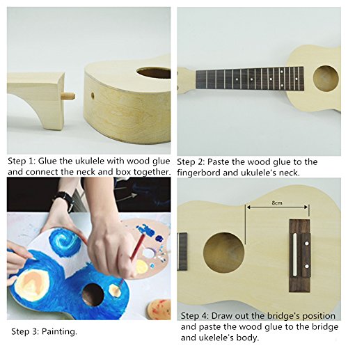 YiPaiSi 21 Inch Ukulele DIY Kit, Hawaii Ukulele Kit, Make Your Own Ukulele, Basswood 4 String Ukulele Set, Hawaii Ukulele Kit, Concert Ukulele Beginner for Kids Children Teens Adults Art Project