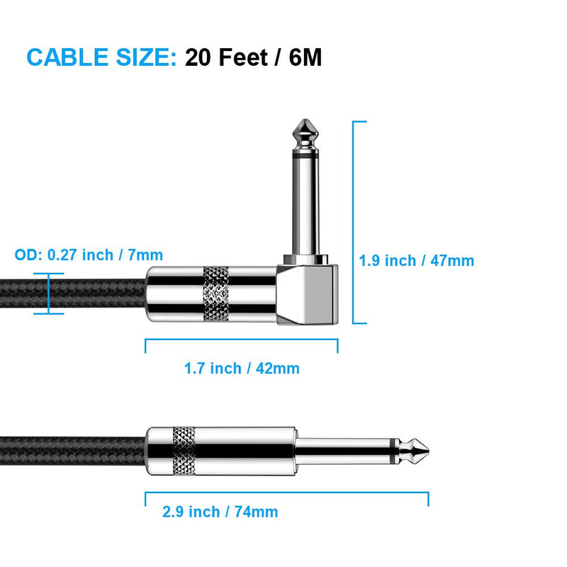 [AUSTRALIA] - Guitar Cable 20 ft New bee Electric Instrument Cable Bass AMP Cord 1/4 Straight to Straight for Electric Guitar, Bass Guitar, Electric Mandolin, Pro Audio (Right Angle) Right Angle 