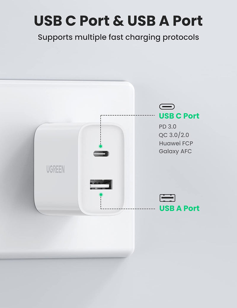 UGREEN 30W USB C Wall Charger - 2 Port Fast Charger with 18W USB C Power Adapter Foldable Plug Compatible for iPhone 12/12 Mini/12 Pro Max/11/SE/XR/XS, iPad Pro, Pixel, Galaxy, Airpods Pro