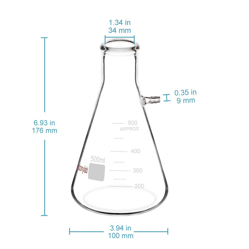StonyLab Glass 500ml Heavy Wall Borosilicate Glass Filtering Flask, Bolt Neck with Tubulation, 500ml 500 ml