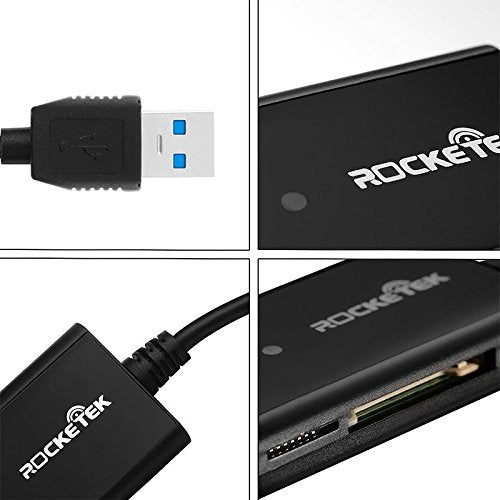 USB 3.0 SD Card Reader, Rocketek 4 Slots Memory Card Reader with a 13CM Flexible USB Cord for SDXC/SDHC/UHS-I SD Cards, Micro SD Cards, MMC memory cards - Simultaneously Read 2 Different Memory Cards