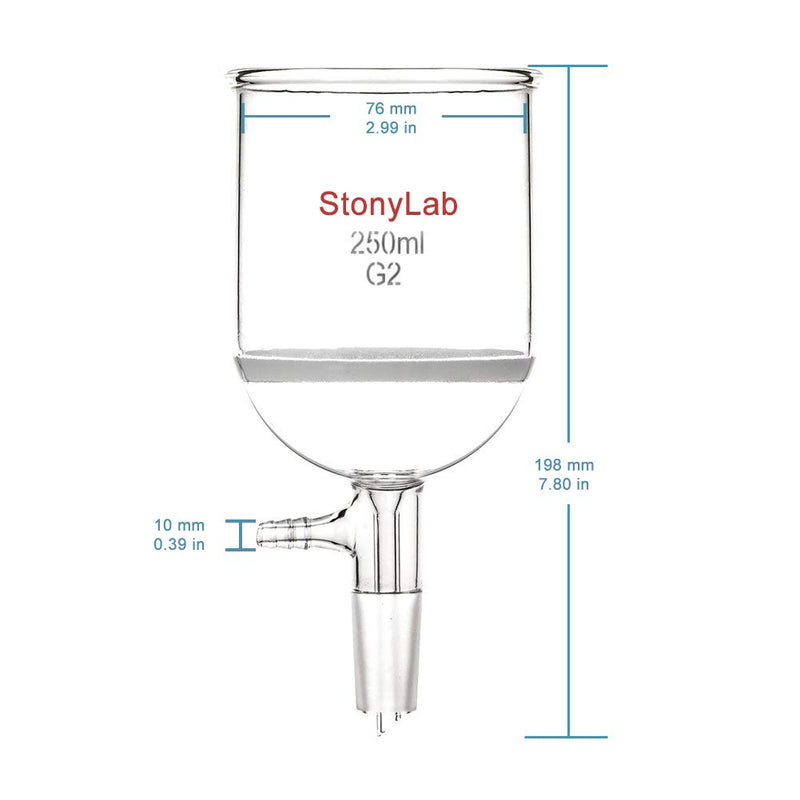 StonyLab Borosilicate Glass Buchner Filtering Funnel 250ml with Medium Frit(G2), 76mm Inner-Diameter, 80mm Depth, with 24/40 Standard Taper Inner Joint and Vacuum Serrated Tubulation (250ml) 250 mL