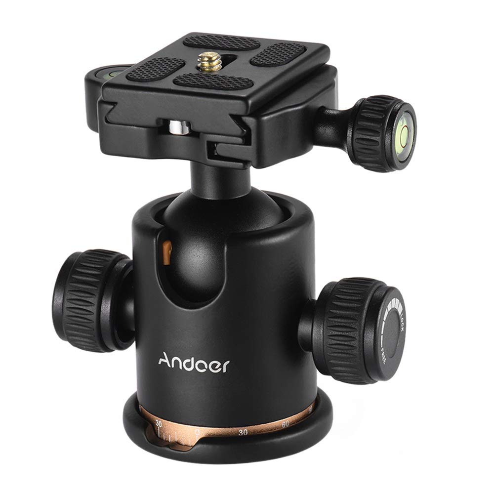 Andoer Tripod Ball Head, 360 Degree Rotating Panoramic Ball Head with Quick Release Plate 1/4 to 3/8 Screw Adapter Max 8kg/17.64lbs for Tripod Monopod Slider DSLR Camera Tripod head Gold