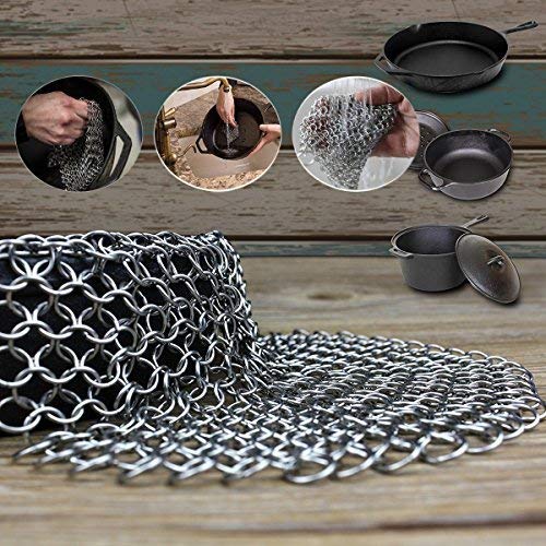 316 Stainless Steel Cast Iron Skillet Cleaner Cast Iron Scraper Chainmail Scrubber for Cast Iron Pans, Pre-Seasoned Pans, Griddle Pans, BBQ Grills, and More Pot Cookware-Round 7 Inch Diameter Stainless steel color-Round