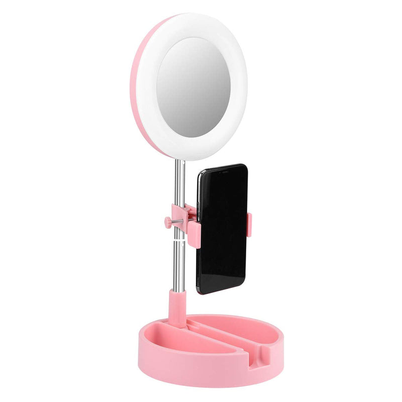 Portable Multi-Functional 6.3" Dimmable LED Selfie Continuous Video Halo Ring Light Zoom Live Stream Phone Holder Stand with Makeup Vanity Mirror Foldable Online Meeting Table Lamp (Pink) Pink