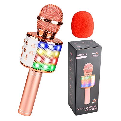 Qoosea Karaoke Microphone for Adults Kids Bluetooth Wireless House Party 2200mAh Rechargeable 4 in 1 Carpool Karaoke Microphone Portable Microphone with LED Light Rose Gold