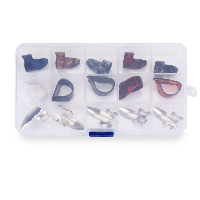 Guitar Finger Picks, 15Pcs Metal Thumb Index Finger Guitar Picks DIY Ring Protector Guitar Accessory with Storage Box Instrument Part