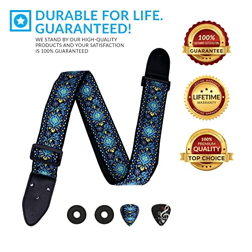 [AUSTRALIA] - Hootenanny Guitar Strap, Jacquard Weave Embroidered Strap Includes 2 Strap Locks & 2 Unique Picks. Adjustable Strap, Pick Pocket, For Bass, Electric & Acoustic Guitars Gift for Men & Women Blue Woven 