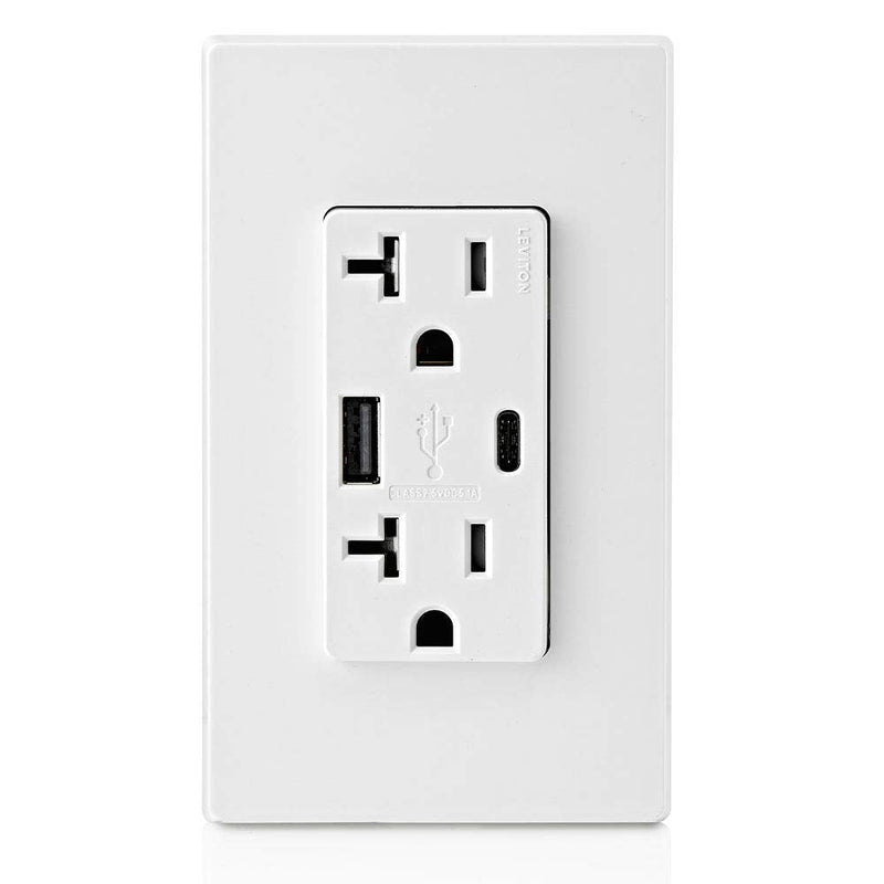 Leviton T5833-W 20-Amp Type-C USB Charger/Tamper Resistant Receptacle, White Tamper Resistant