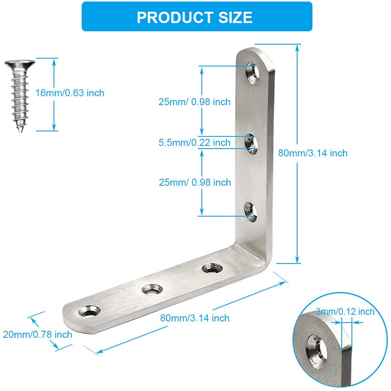 JUBEIJIA 5 Pcs Heavy Duty Stainless Steel Corner Braces 80 x 80 x 20mm L Shaped Corner Brackets 90 Degree Joint Right Angle Brackets for Wood with Screw