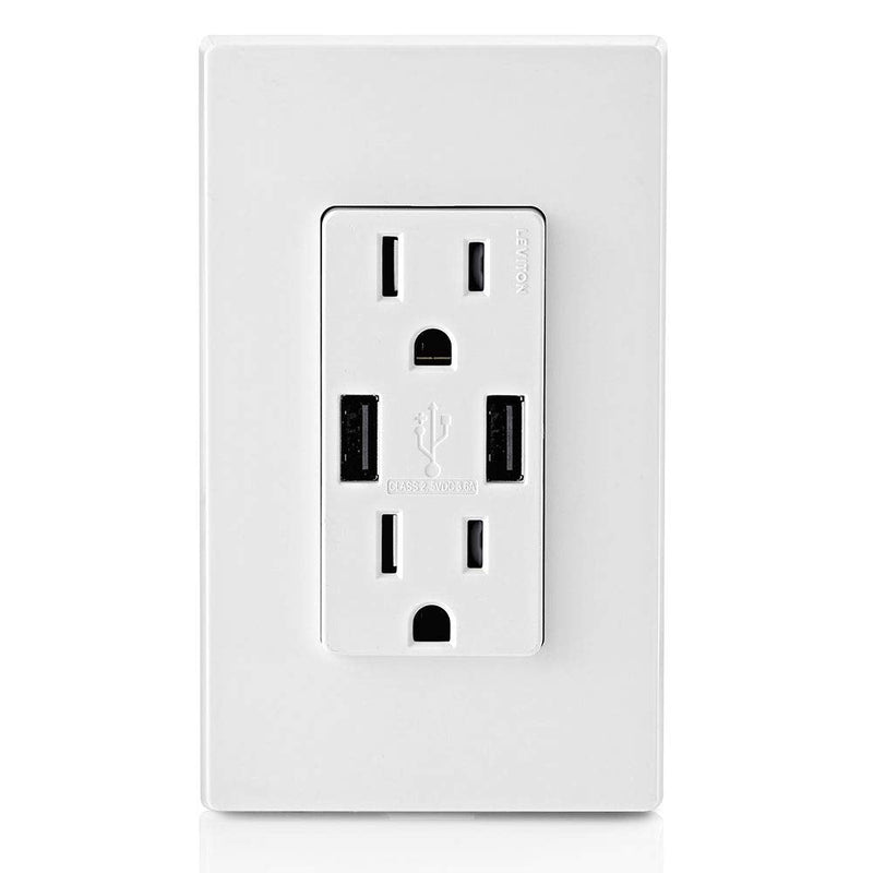 Leviton T5632-W 15-Amp Charger/Tamper Resistant Duplex Receptacle, 1-Pack, White