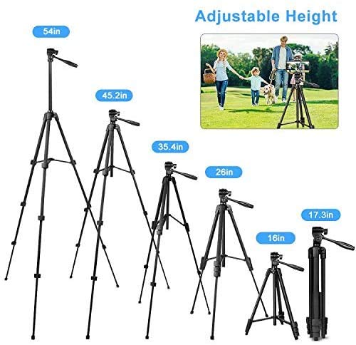 Phone Tripod,54" Adjustable Cell Phone Tripod,Lightweight Tripod 360° Rotation with Bluetooth Remote Control Mount,Portable Bag,Sport Camera Adapter,for iPhone Ipad Smartphone Camera Projector 53“