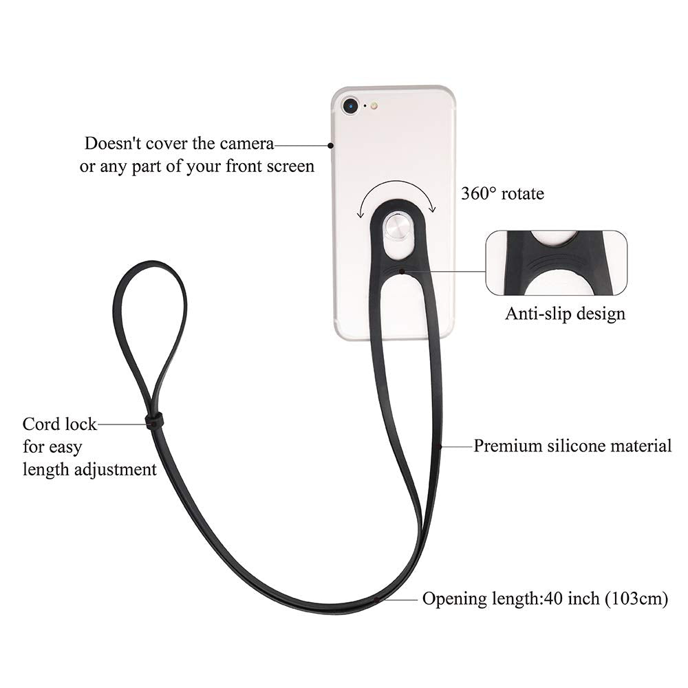 Cell Phone Lanyard for Around the Neck, Tmate Detachable iPhone Strap Holder Hands Free Leash Necklace Grip Case Carrier Pouch Sling Tether for Men Women Kids black with cord lock