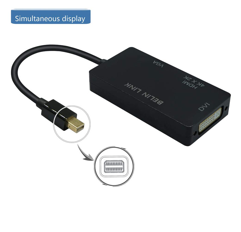 BELIN LINK Thunderbolt Mini dp to HDMI DVI VGA 3 in 1 Adapter-Simultaneous Display Gold-Plated Connector Video Adapter, for MacBook Pro mac Book air Surface pro (Mini DP Black) Mini DP black