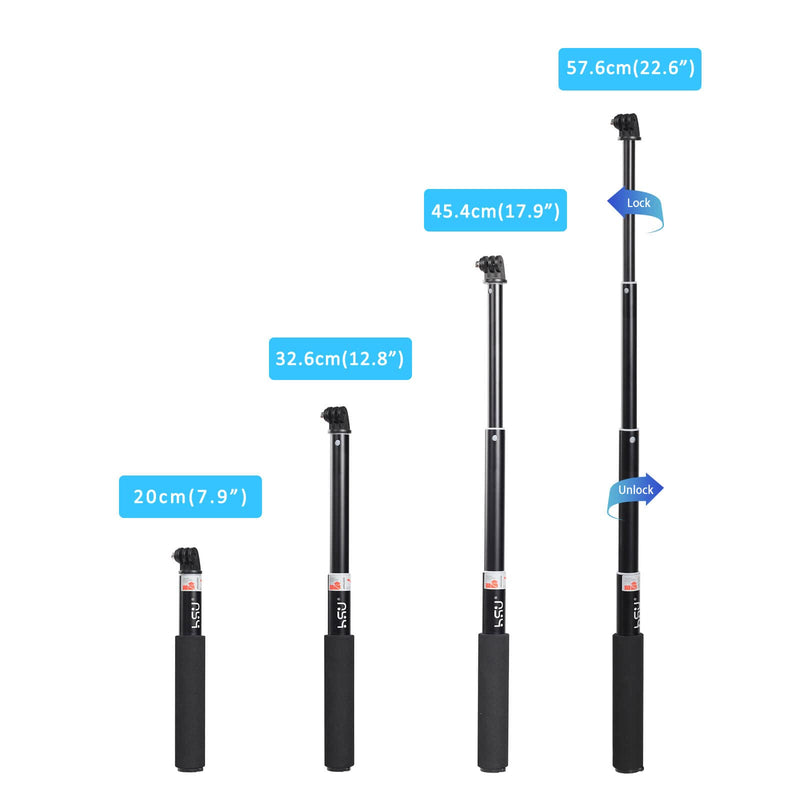 HSU Extendable Selfie Stick，Waterproof Hand Grip for GoPro Hero 10/9/8/7/6/5/4, Handheld Monopod Compatible with Cell Phones, AKASO Campark and Other Action Cameras 7.9"to 22.6"