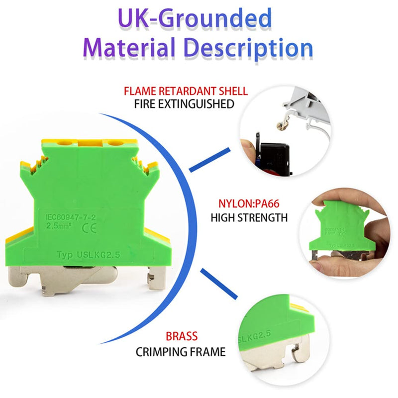 10Pcs DIN Rail Mounted Ground Circuit Connection Terminal Block Screw Clamp Connector (USLKG2.5N) USLKG2.5N