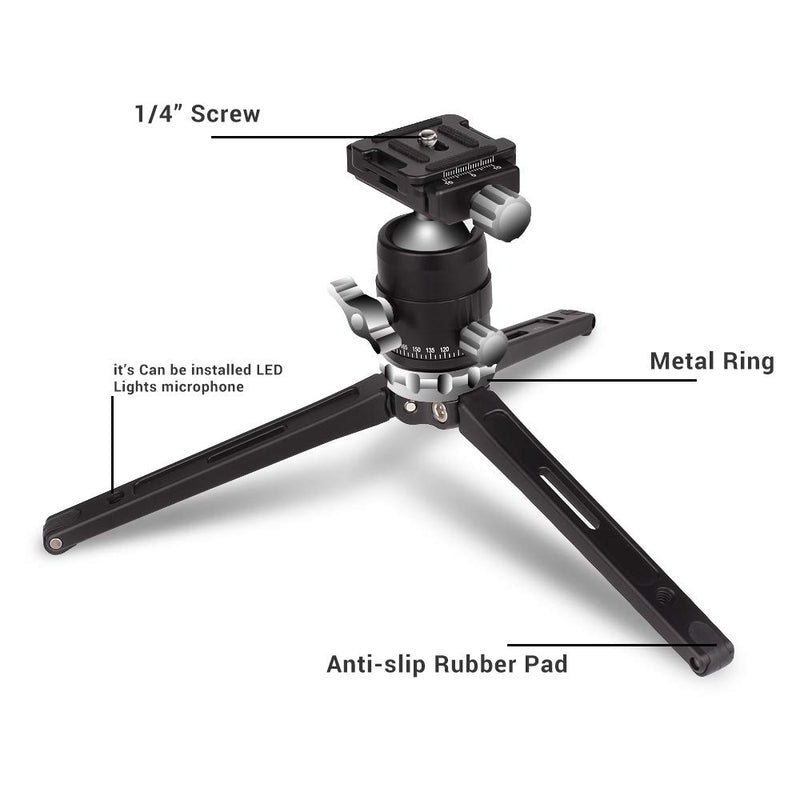 Pergear MT-02 Mini Tripod with 360° Fluid Rotation Tripod Ball Head, 15kg 33Lbs Payload, CNC Aluminum Alloy, Comes with 3 Fixing Straps for Multi-Angle Shooting, Additional 1/4 inch Screw Holes