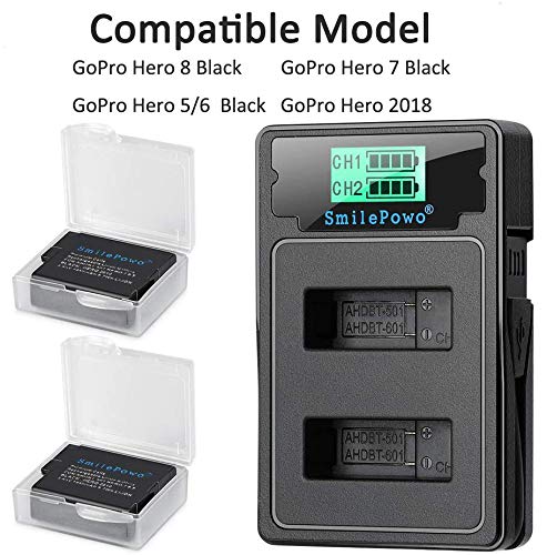 SmilePowo 2PCS Dual 1480mAh Battery,LCD Display USB Charger for GoPro Hero 8 Black，Hero 7 Black, Hero 6 Black,Hero 5 Black,Hero 2018,AHDBT-501(Fully Compatible with Original)