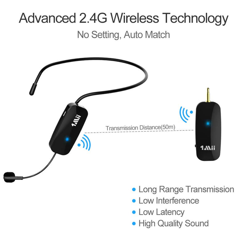 [AUSTRALIA] - 1Mii Long Range Wireless Microphone, Wireless Headset Mic System,160ft Range, 2.4G Wireless Microphone 2 in 1，Fitness Microphone Headset for Speakers, Voice Amplifier, PA Speakers 