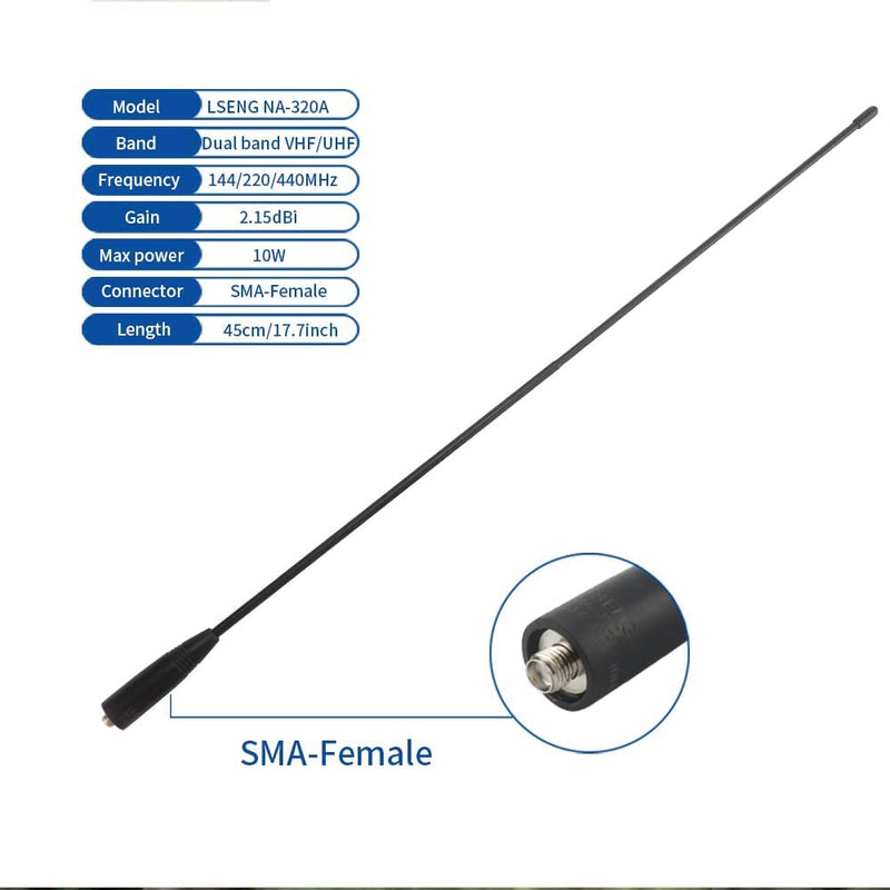 LSENG NA-320A Ham Amateur 2 Way Radio Antenna 144-220-440Mhz 17.7in Extension Upgrade Triband SMA Female Antenna for Walkie Talkie GMRS Two Way Radio Accessories BTECH Baofeng f8hp uv 82 uv5r NA-320A 17.7" 1PCS VHF/220/UHF