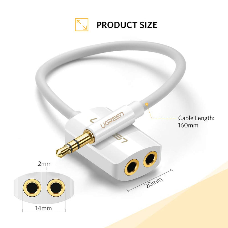 UGREEN 3.5mm Audio Stereo Y Splitter Cable 3.5mm Male to 2 Port 3.5mm Female for Earphone and Headset Splitter Adapter (White)
