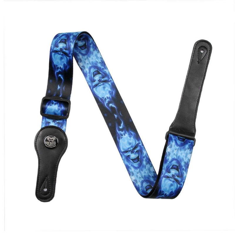 Guitar Strap with Leather Ends Adjustable Polyester Sling for Bass, Electric, Acoustic Guitars Unique Blue Skull Pattern