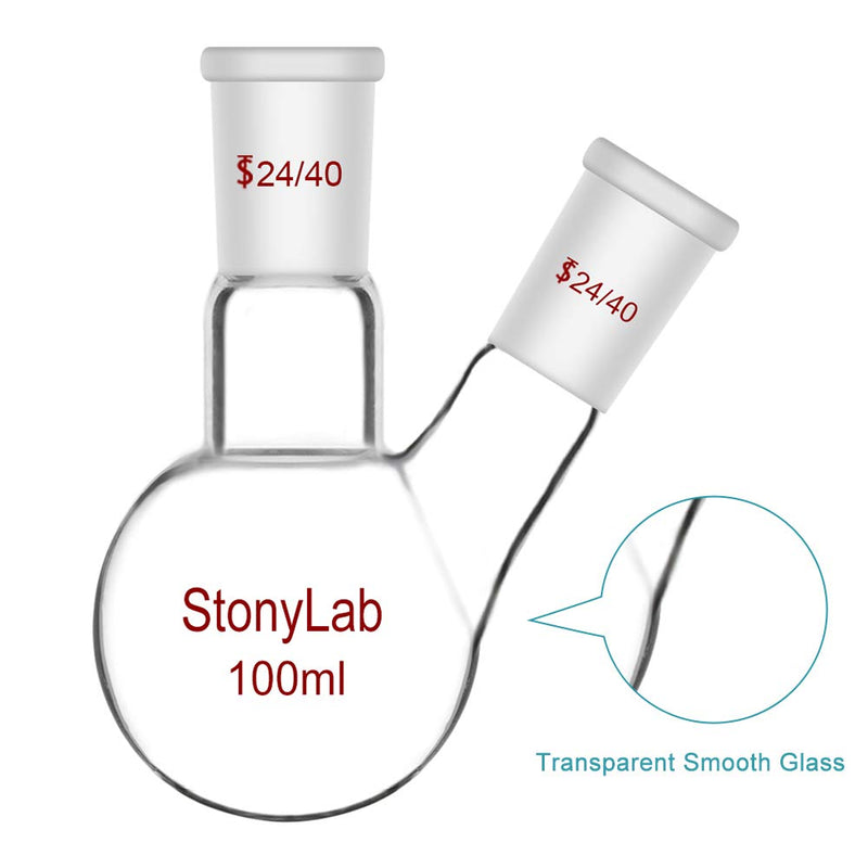 StonyLab Glass 100ml Heavy Wall 2 Neck Round Bottom Flask RBF, with 24/40 Center and Side Standard Taper Outer Joint - 100ml 100 ml